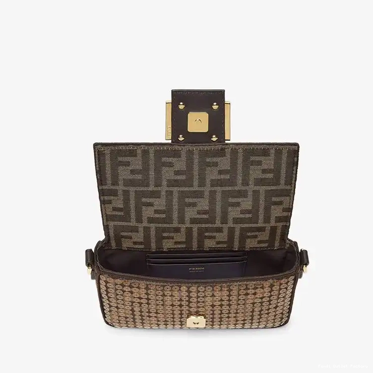 Vintage HOT In Motif FF Mini Bag Fabric Sequins Fendi with Baguette Brown 0513